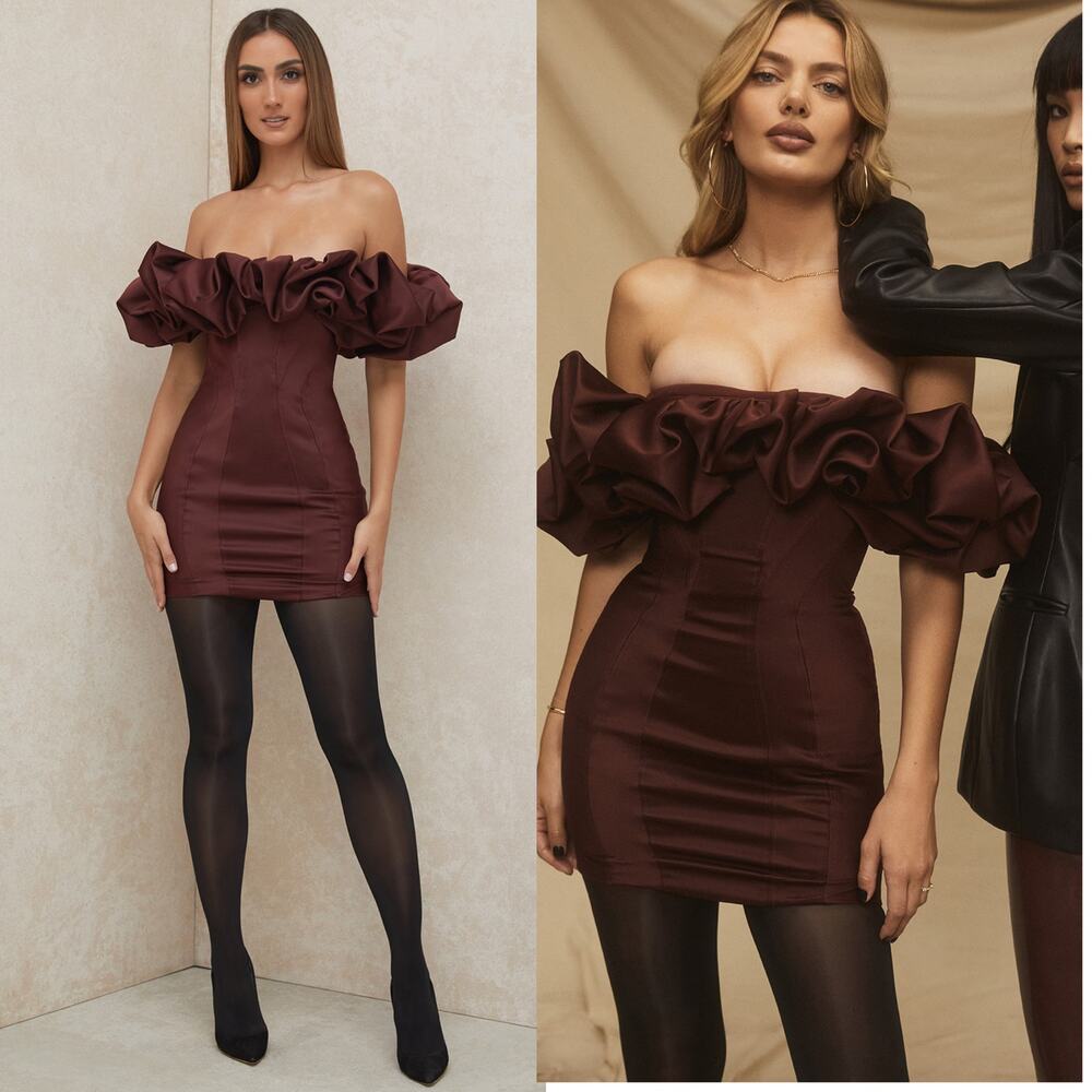 House of cb selena raisin wine puffy sleeves mini ruffle dress